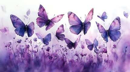 Dynamic motion of watercolor butterflies soaring above a calm purple nature scene