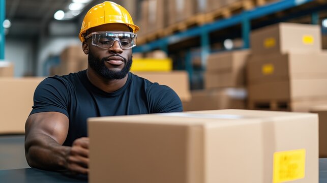 warehouse worker wearing a hard hat and safety glasses examines a cardboard box. setting features shelves filled with boxes, typical of a large storage facility
