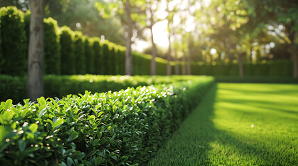 Lush Green Hedge and Lawn in a Sunny Garden