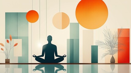 Silhouette of person meditating in lotus position against orange sun and abstract geometric background