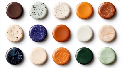 Obraz premium variety of round paint samples are neatly arranged in a grid, displaying different colors and textures useful for artistic and design projects. These samples are perfect for inspiration