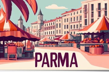 A delightful pastel-toned illustration of Parma, showcasing its Renaissance architecture, vibrant food markets, and charming piazzas, with "PARMA" prominently displayed at the bottom.  .