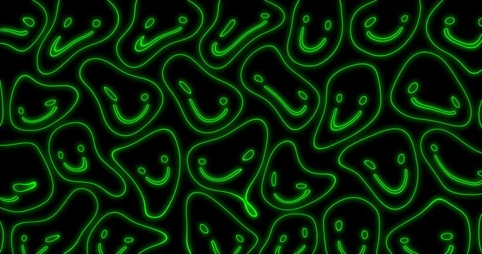 Background Loop with Happy Green Twisted Emoticons on Black. Simple Y2K Style Abstract Neon Doodle Animation with Smiling Faces Of Star-Sheped Eyes. Groovy Background Loop With Trippy Emoticons.