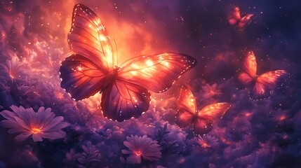 Obraz premium Detailed watercolor painted butterflies with luminous wings on a purple sky background