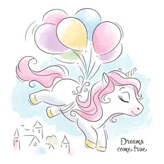  Cute unicorn. Cartoon unicorn flying on balloons. Cartoon character. Fashion illustration. Fashionable print for clothes and fabrics