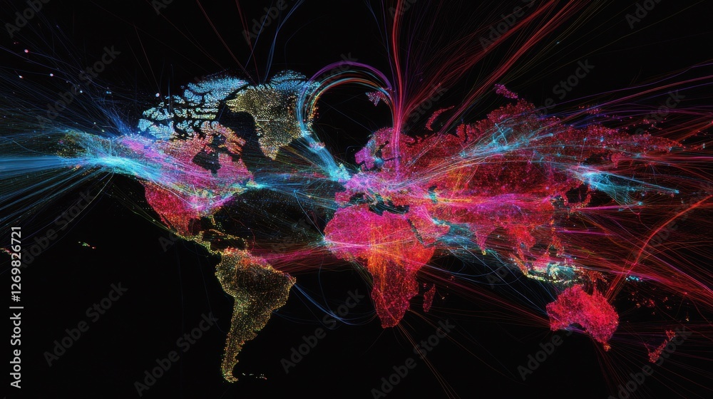 Poster colorful world map depicting abstract network connections globally