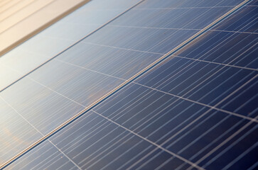 Modern ecology sun energy batteries. Solar panels field for electricity