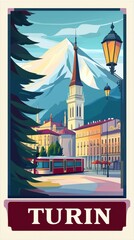 Fototapeta premium A refined pastel-toned illustration of Turin, showcasing the iconic Mole Antonelliana, grand piazzas, and the majestic Alps in the background, with 