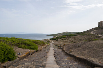 The archaeological site of Tharros in Cabras in Europe, Italy, Sardinia, Cabras, in summer, on a sunny day.