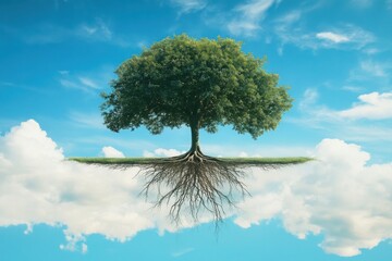 A large tree floating in the sky with exposed roots extending into the clouds, symbolizing balance, nature, and surrealism. Copy space