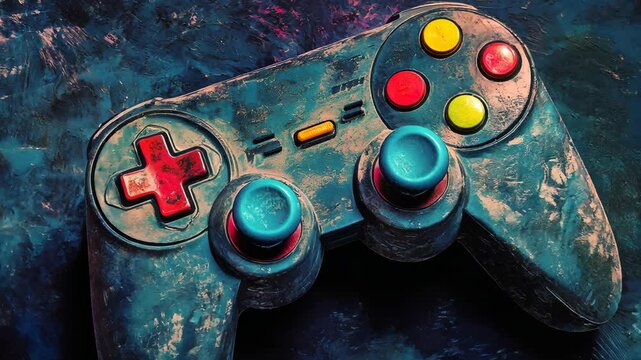 A retro gaming controller with colorful buttons, set against a dark abstract background, its worn details illuminated subtly.