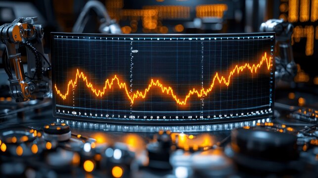 Robotic control room stock market graph, upward trend