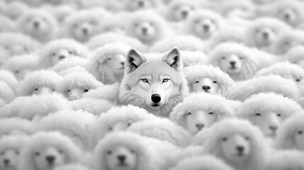 A white wolf gazes forward, distinguishing itself from a sea of fluffy white dogs surrounding it. The atmosphere is surreal, emphasizing the unique presence of the wolf