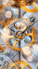 A highly detailed exploded isometric view of a complex clockwork mechanism, featuring golden gears, tiny screws, and intricate components in ultra-HD resolution.  .