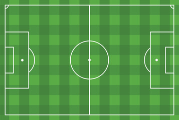Soccer field with green grass, checker pattern, t top view, minimalistic football stadium 