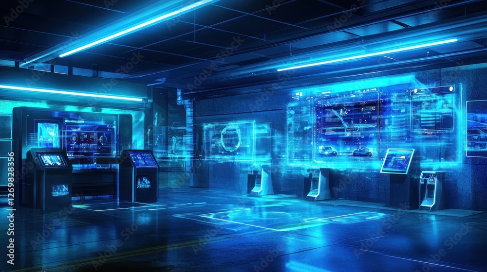 Poster futuristic control room features advanced technological interfaces and bright lighting