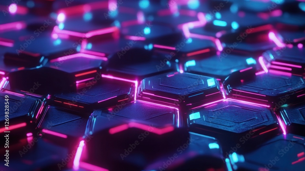 Wall mural abstract futuristic hexagonal pattern with glowing neon lights effect