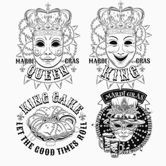 Carnival Mardi Gras labels with masquerade masks, crown, festive food king cake, beer, beads, glossy text. Monochrome illustrations on white background. For prints, clothing, t shirt, holiday design