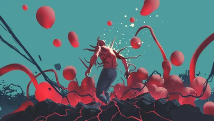 Fotobehang Glowing Human in Surreal Red Energy Field © grandfailure
