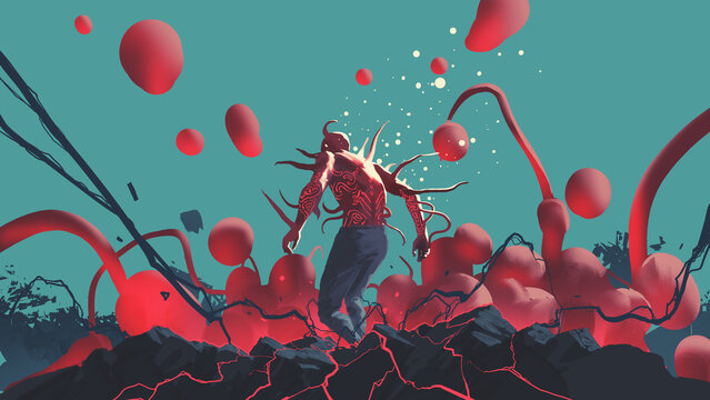 Fototapeta Glowing Human in Surreal Red Energy Field