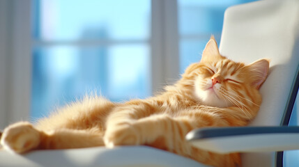 A ginger cat lies sprawled on a white chair, enjoying the warmth of sunlight streaming through a window in the afternoon. The serene atmosphere creates a peaceful vibe