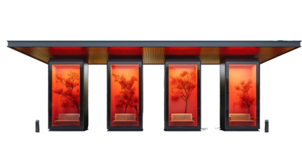 Red Bus Stop Modern Urban Design, Illuminated Glass Structure with Scenic Trees, isolated on transparent background.