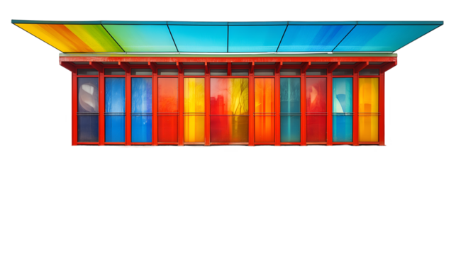 Colorful Pavilion Modern Glass Structure, Urban Design in Red, Blue, and Yellow, isolated on transparent background.