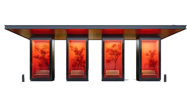 Red Bus Stop Modern Urban Design, Illuminated Glass Structure with Scenic Trees, isolated on transparent background.