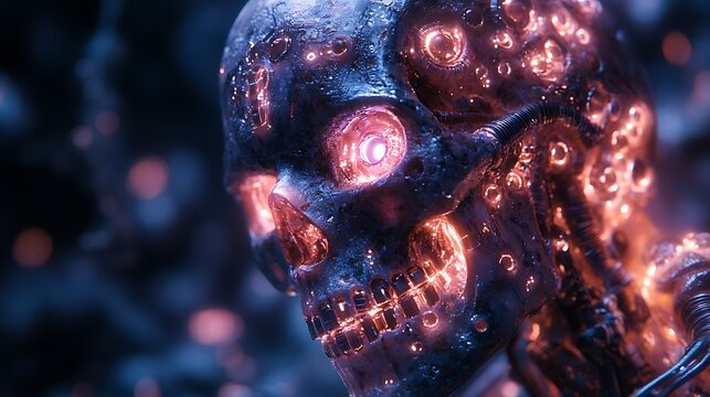 Cryptic alien artifact featuring a glowing skull with intricate extraterrestrial technology