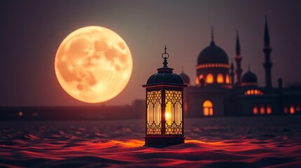 Illuminated Lantern in Desert with Full Moon and Mosque