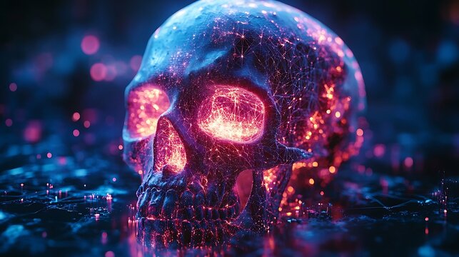 Futuristic dark sci fi scene featuring an eerie glowing alien skull with metallic structures