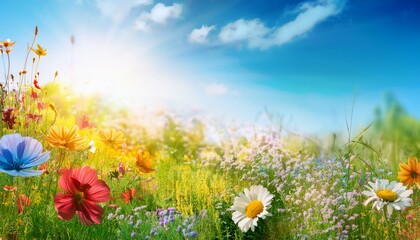 Obraz premium colorful wildflower meadow with blue sky and sunshine floral summer background banner with copy space