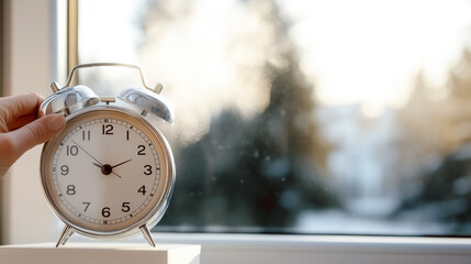 Turning the Clock Forward, A hand adjusting the time on a vintage clock, symbolizing the start of Daylight Saving Time, with soft morning light streaming through a window.