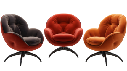 Swivel Chairs Modern Upholstery in Red and Orange, 3D Room Decor for Home Design, isolated on transparent background.