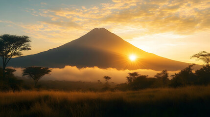 Sunrise over a towering mountain peak casting a warm glow across the landscape