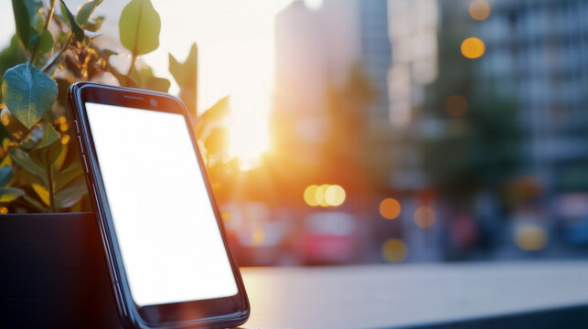 Mock-up of a smartphone with blank screen with a sunny outdoor scene in the background.