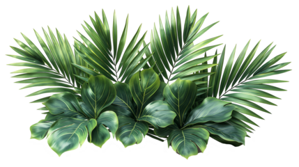 Tropical Green Leaves Lush Palm Plants, Fresh Stone Arrangement for Summer Decor, isolated on transparent background.