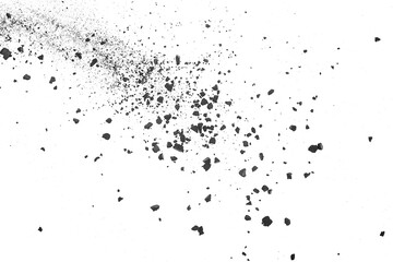 Black charcoal dust with fragments isolated on white background, top view. Black coal dust explosion. Xylanthrax.