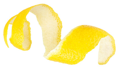 Fresh lemon zest in spiral form isolated on a white background. Citrus twist peel or lemon skin.