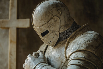Christian warrior Crusaders in battle armor prays to the cross. Marble statue.