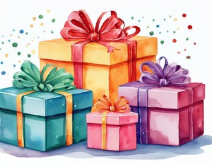 Fototapeta premium watercolor gift boxes composition four colorful presents isolated on white background gift present watercolor birthday