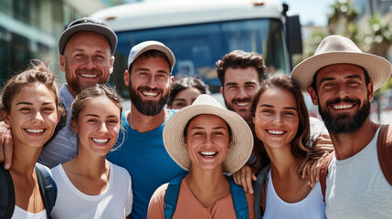 Group of happy tourists posing together in front of a tour bus