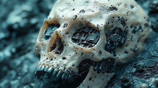 Cryptic extraterrestrial remains featuring an eerie skull with futuristic technology details