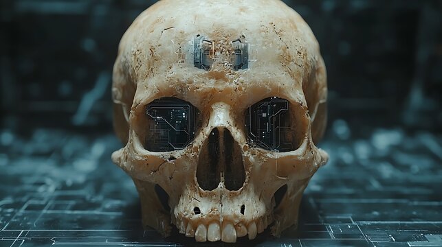 Cryptic extraterrestrial remains featuring an eerie skull with futuristic technology details