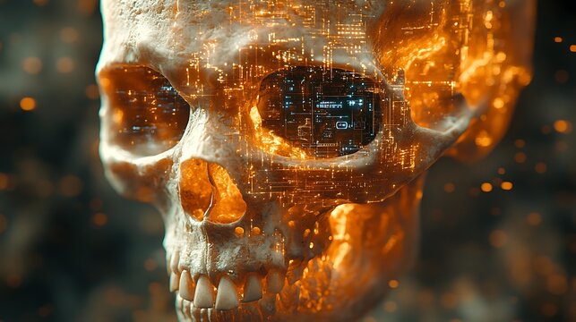 Cryptic extraterrestrial remains featuring an eerie skull with futuristic technology details