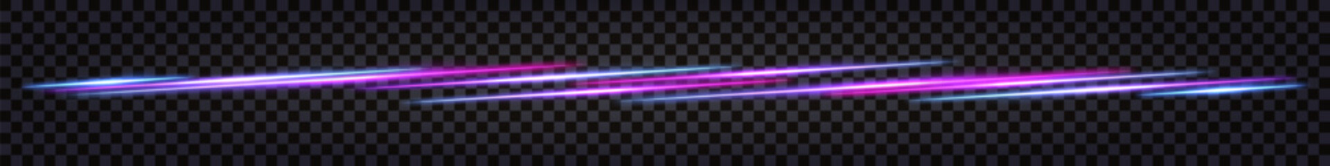 Neon laser sticks, glowing light effect, purple and blue vaporwave dynamic speed lines, luminous beams. Thunder bolt flash. Border or divider. Isolated transparent vector