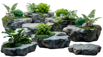 3D Grey Rocks Lush Tropical Plants, Realistic Stone Garden with Green Foliage, isolated on transparent background.
