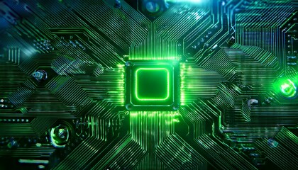 futuristic circuit board with neon green lights complex ai circuitry advanced technology concept glowing connections digital innovation and progress