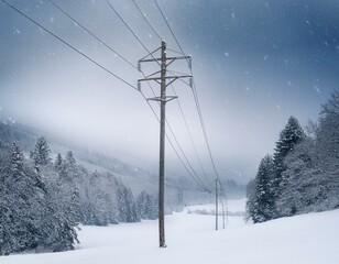snow covered landscape with power pole in winter storm creating serene yet harsh atmosphere falling snow adds sense of tranquility to scene