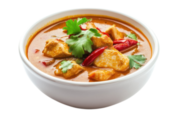 Delicious chicken curry garnished with fresh herbs and red chili peppers in a vibrant bowl isolated on transparent background